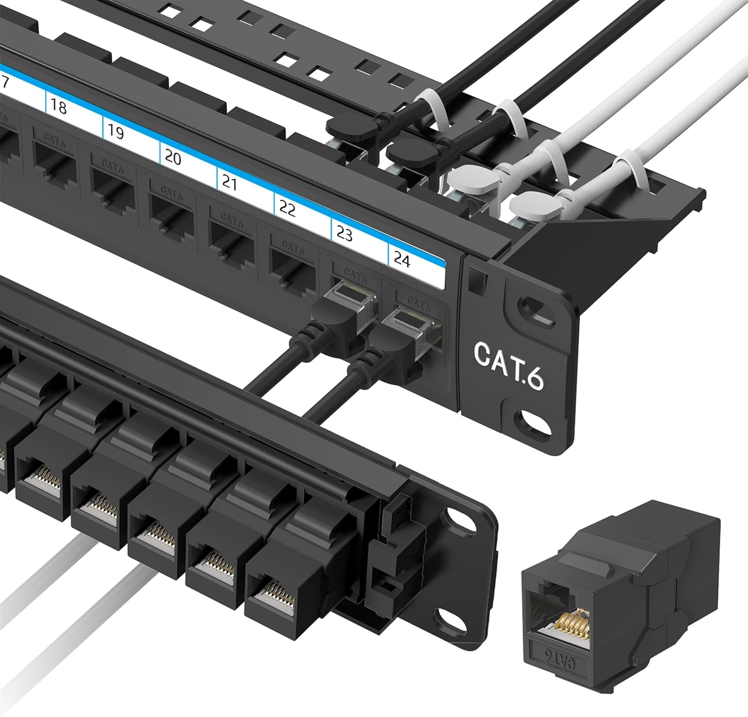 24-Port UL Listed Cat 6 Patch Panel with Cable Management, 1U Rackmount
