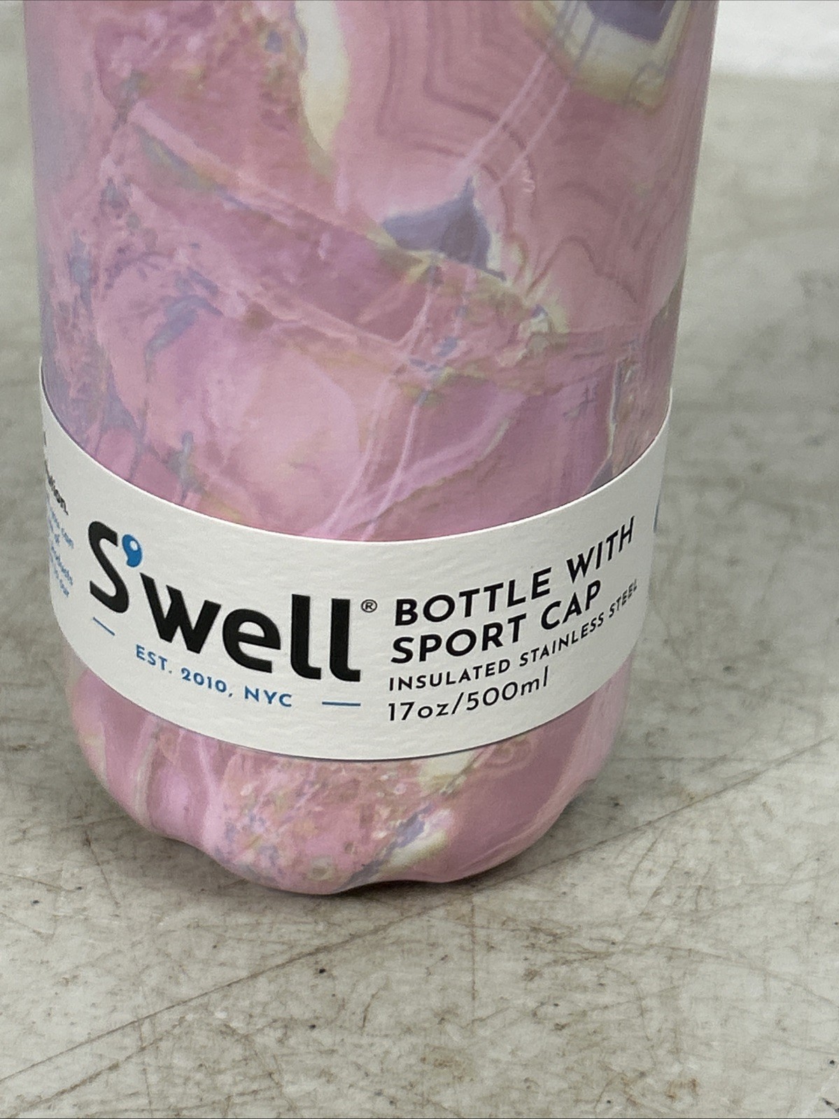 NEW S’well 17 oz. Geode Rose Pink Gray White Stainless Steel Water Bottle 10" T