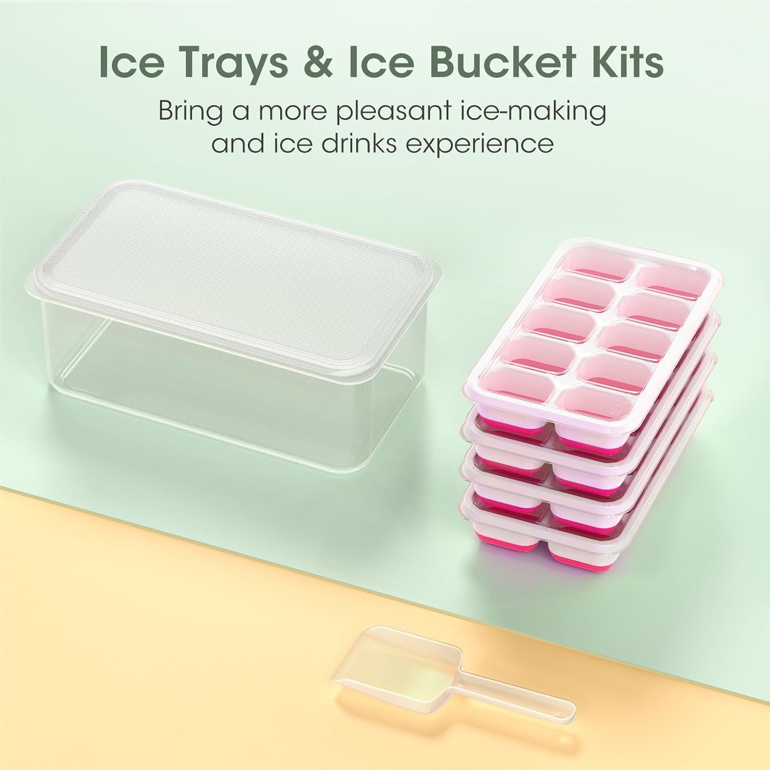 Silicone Ice Cube Trays 4 Pack with Lid Bin Scoop, Stackable Easy Release
