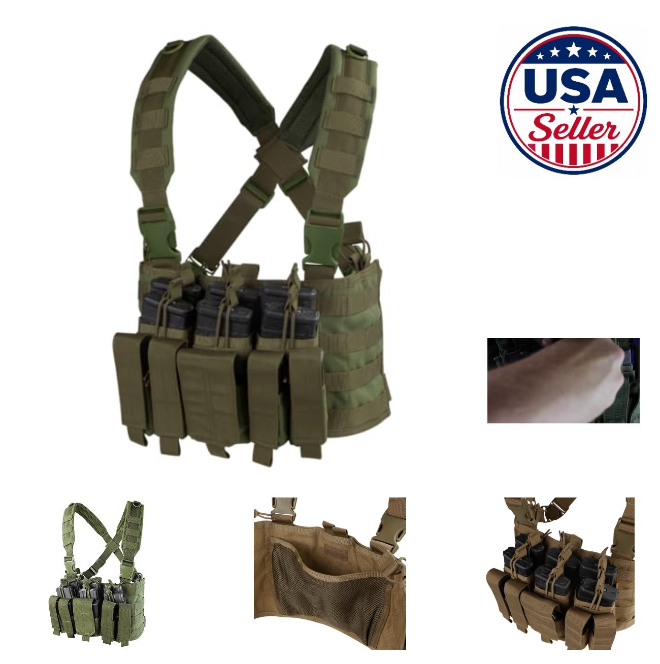 Tactical Chest Rig Nylon Olive Drab M4 Pistol Mag Pouches Cross-Back Strap Hook