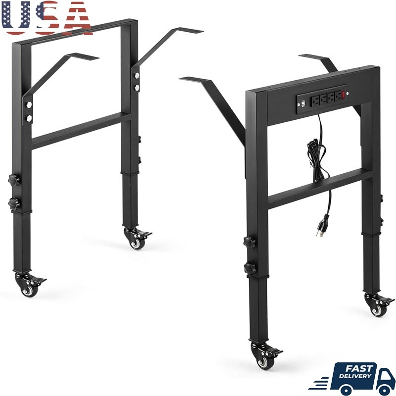 Height Adjustable Metal Work Table Legs W/ ETL Certified Power Outlets & Wheels