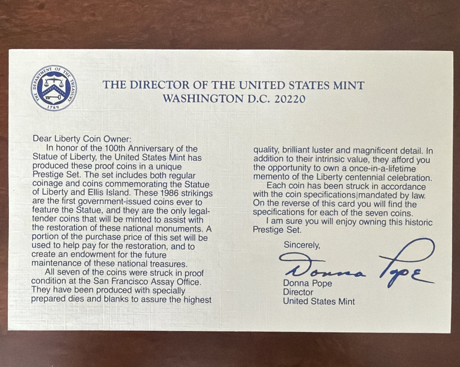 1986 Prestige Proof Set with Silver Dollar US Mint, Complete with Box and COA