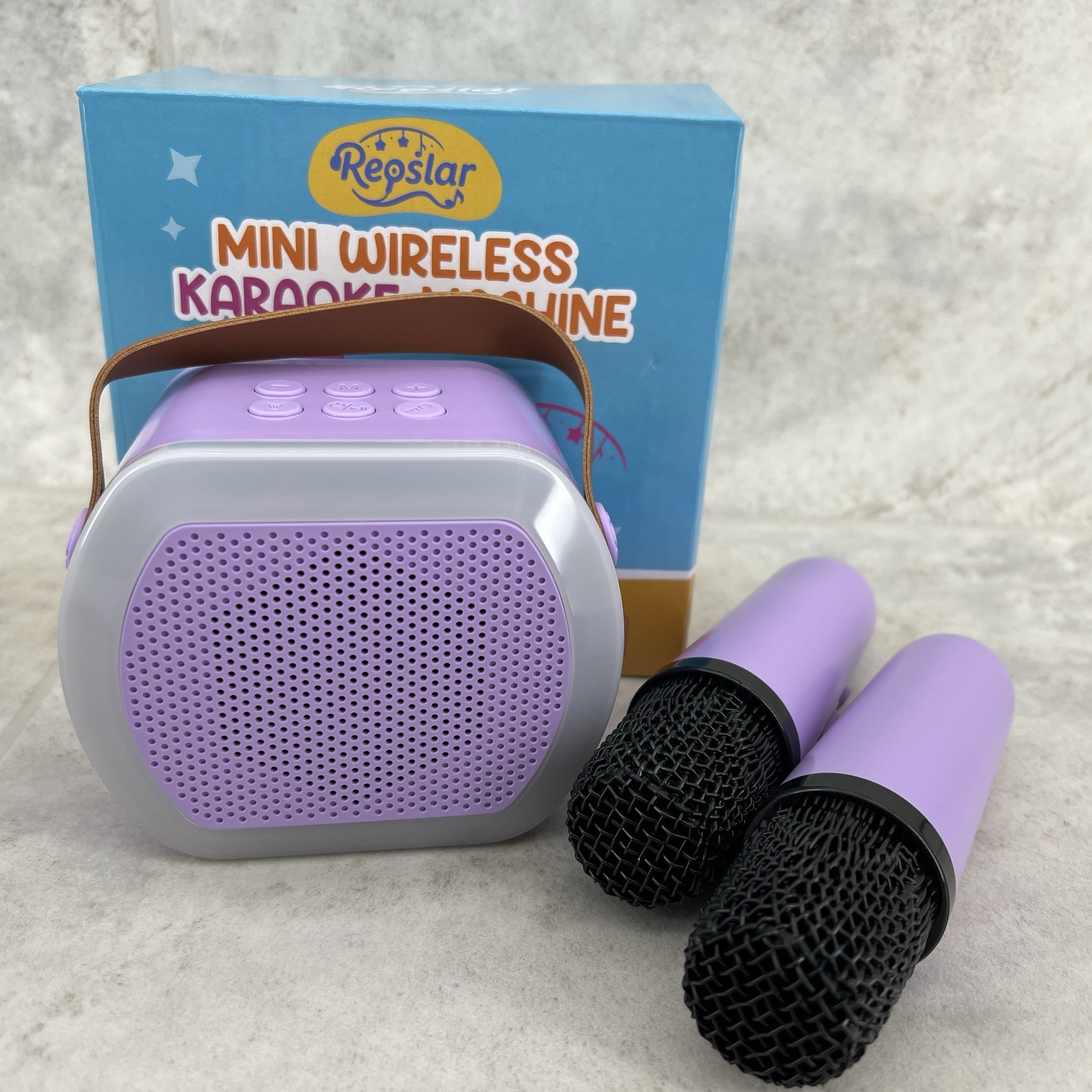 Reoslar Mini Purple Wireless Karaoke Machine Kids Bluetooth 2 Microphones NEW