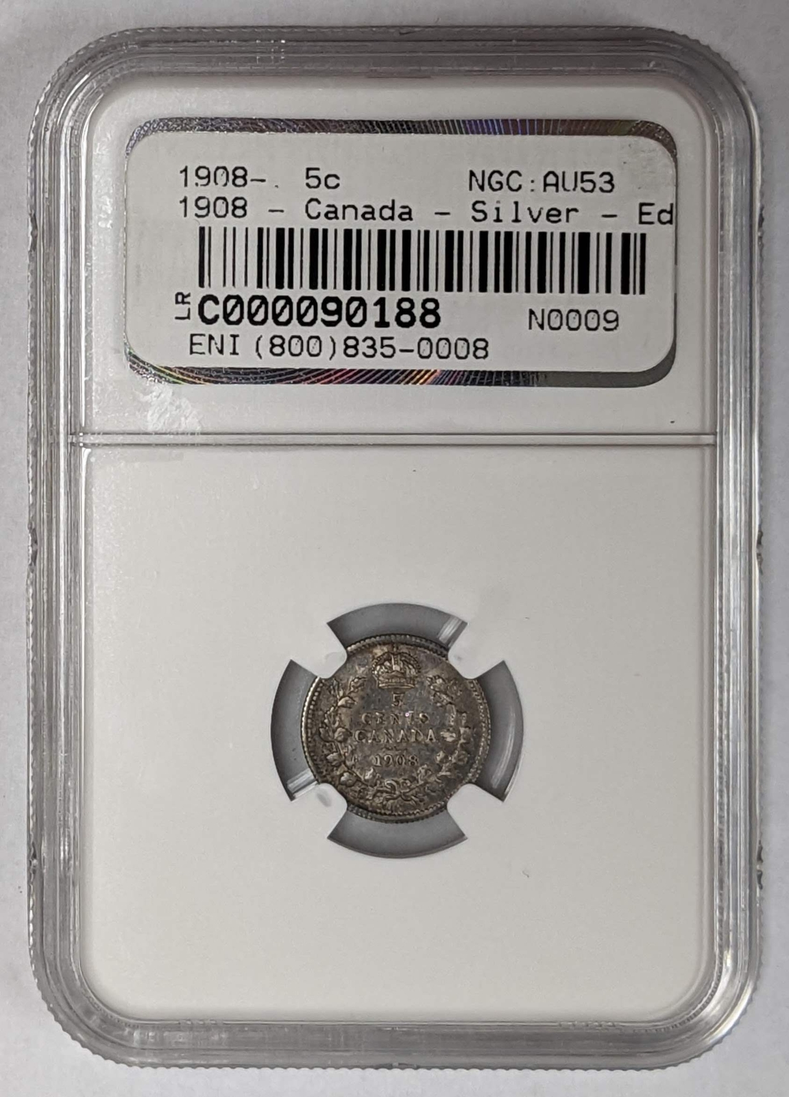 1908 Canada 5c Small 8 NGC AU 53