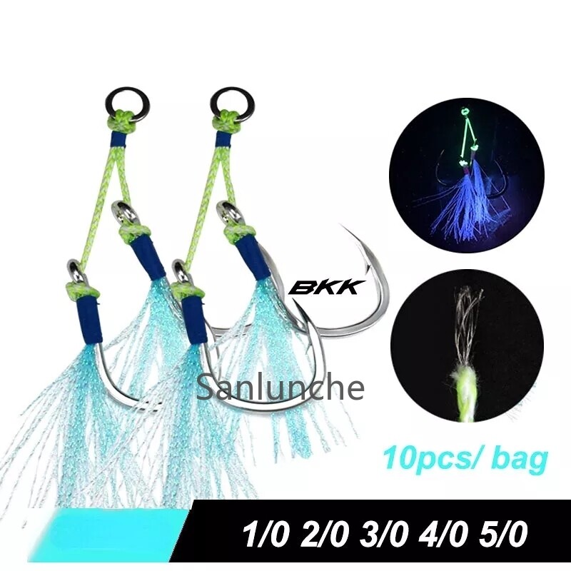 10pair Cast Jigs Assist Hook Barbed Double Jig Hooks UV Glow Feather Fishhook