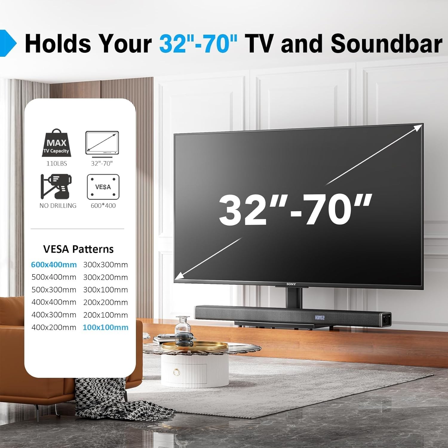 Universal Tabletop TV Stand with Wall Mount for 32 to 70 inch 4 Level Height ...