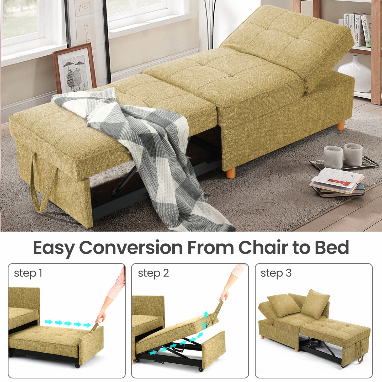 Folding Ottoman Sofa Bed Chair 4-in-1 Sleeper Sofa Adjustable Backrest+2 Pillows