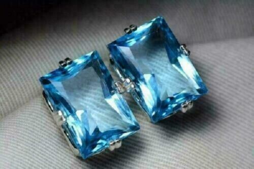 6Ct Emerald Cut Blue Topaz Solitaire Prong Stud Earrings 14K White Gold Finish