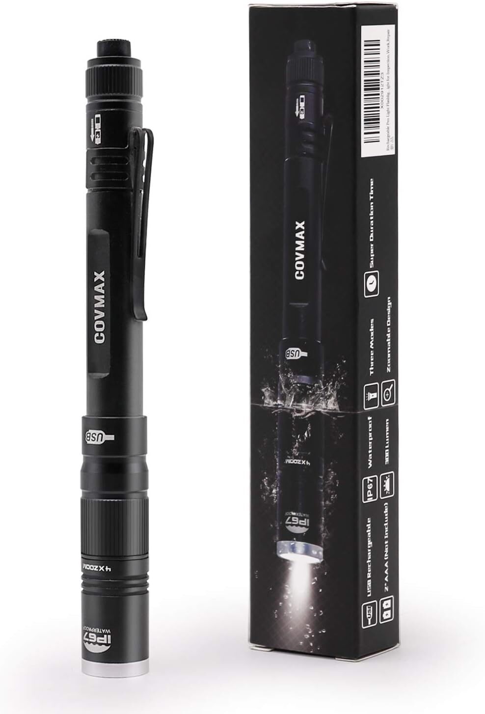 COVMAX Rechargeable Pen Light Flashlight IP67 Waterproof with Pocket Black
