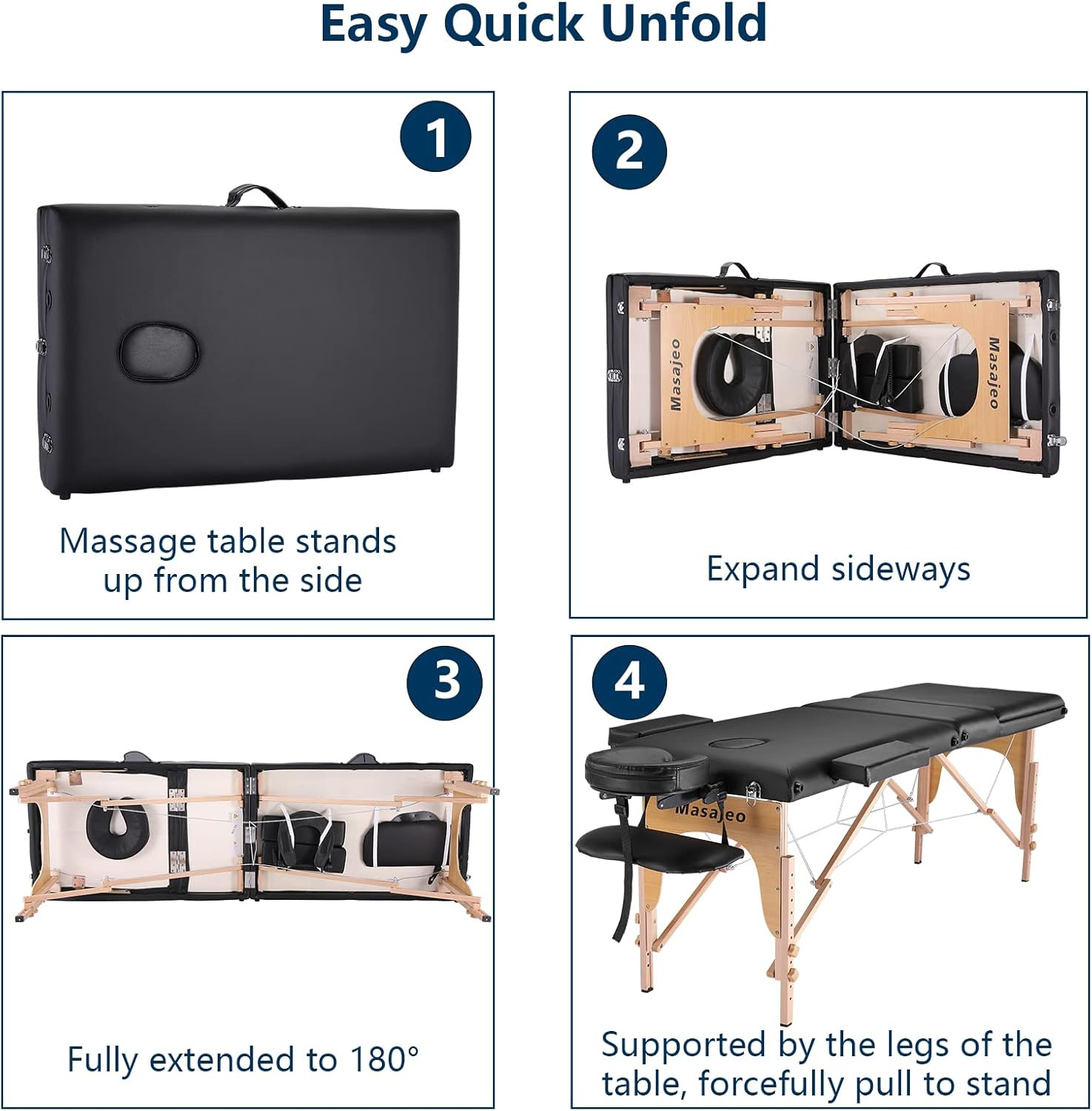 Portable 3-Section Massage Table with Adjustable Height & Accessories - Black
