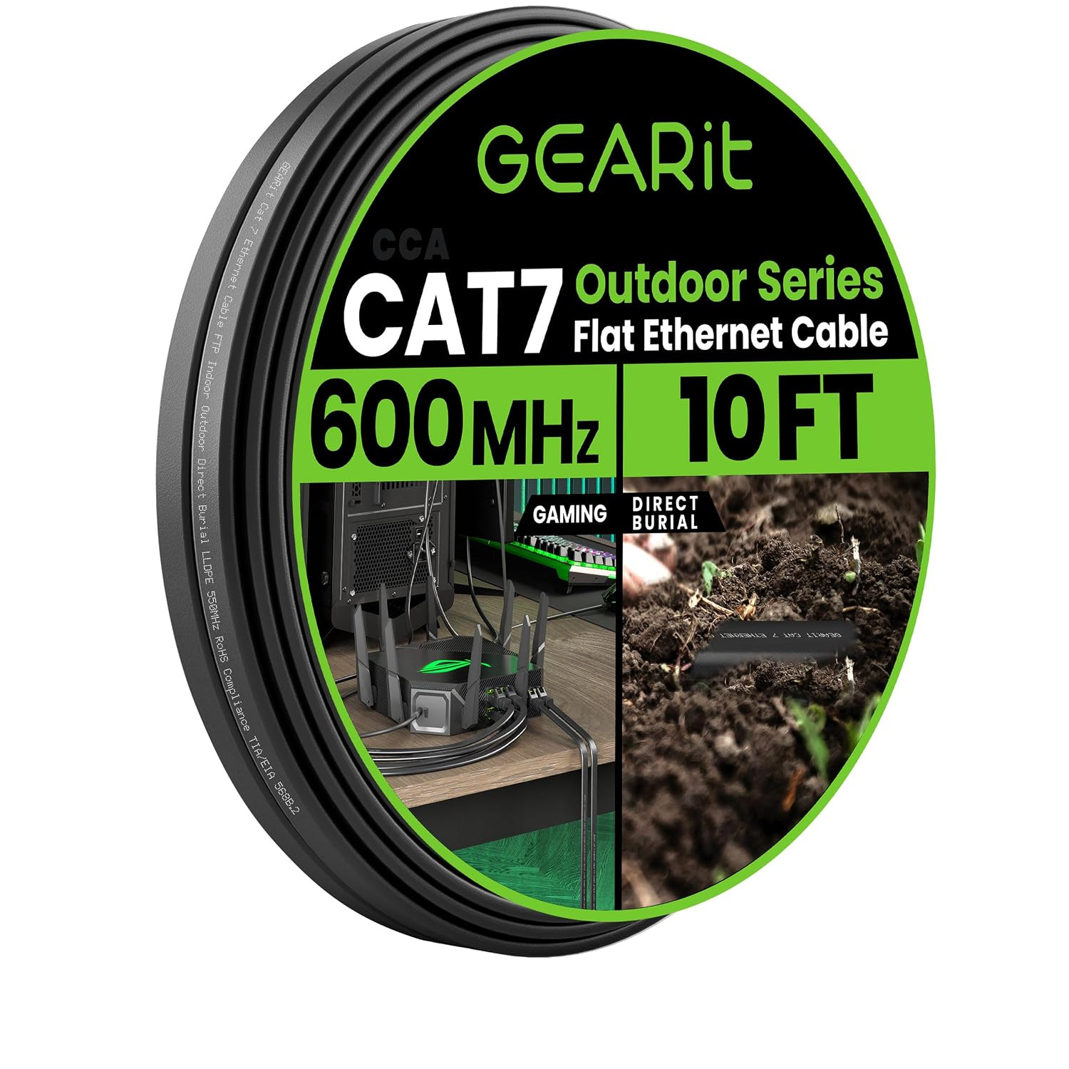 Cat 7 Outdoor Flat Ethernet Cable 10Ft, 10Gbps High Speed, Direct Burial Rated