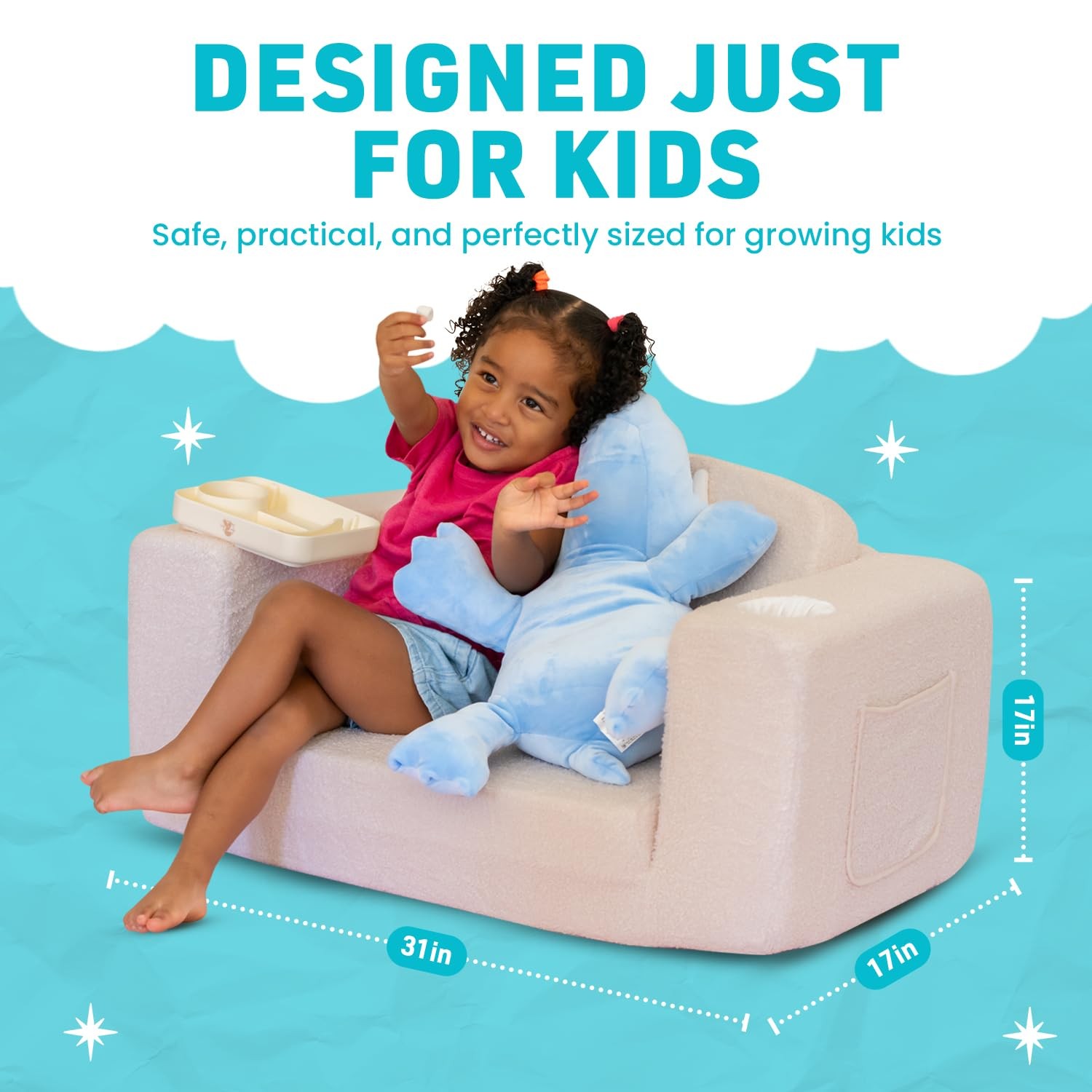 Extra Wide Toddler Lounge Chair with Built-in Cup Holders – Convertible 2-in-...