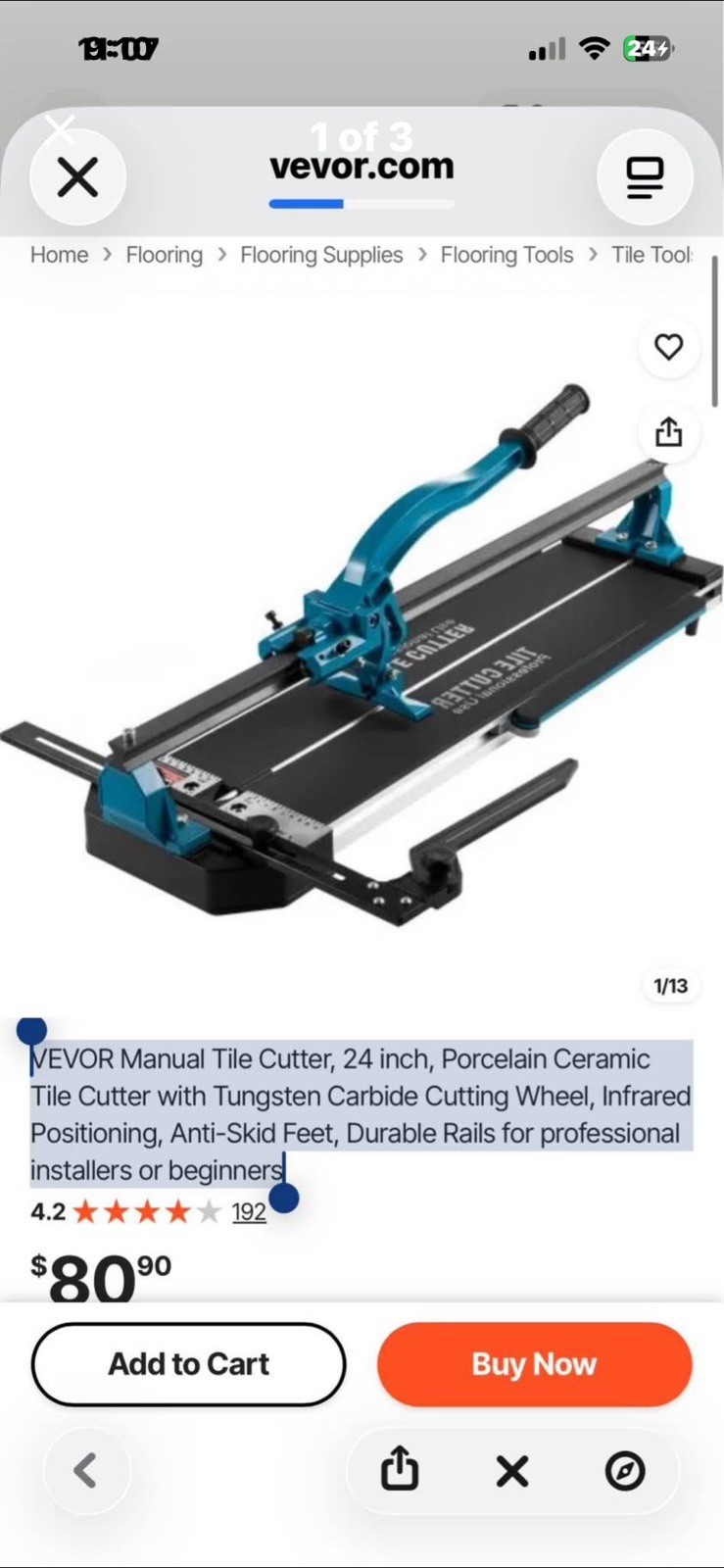 VEVOR 24 in Manual Tile Cutter, Tungsten Carbide Wheel, Model L-05-600