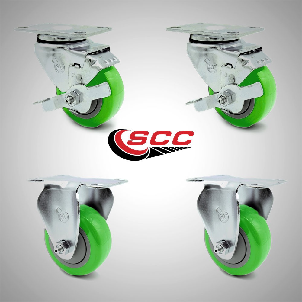 3 Inch SS Green Polyurethane Top Plate Caster Set with 2 Brake 2 Rigid SCC