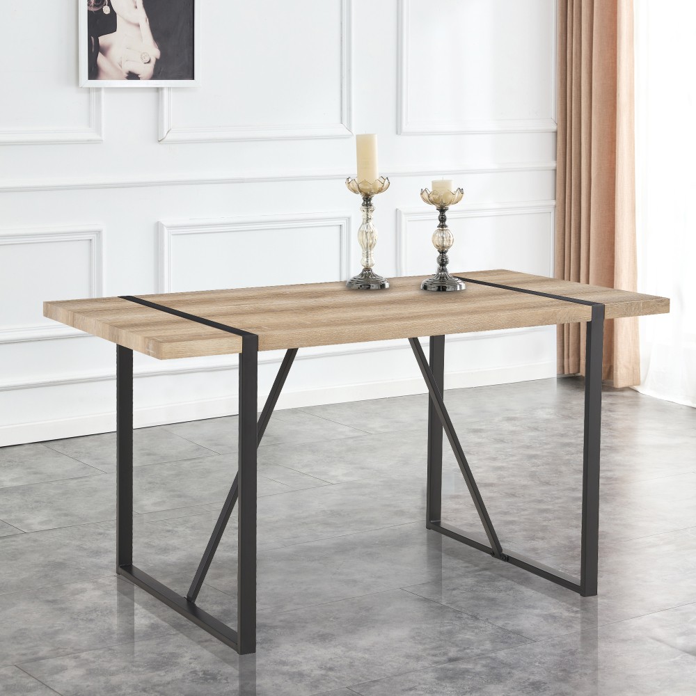 Rectangular dining table with a 1.5-inch thick wooden tabletop and metal legs