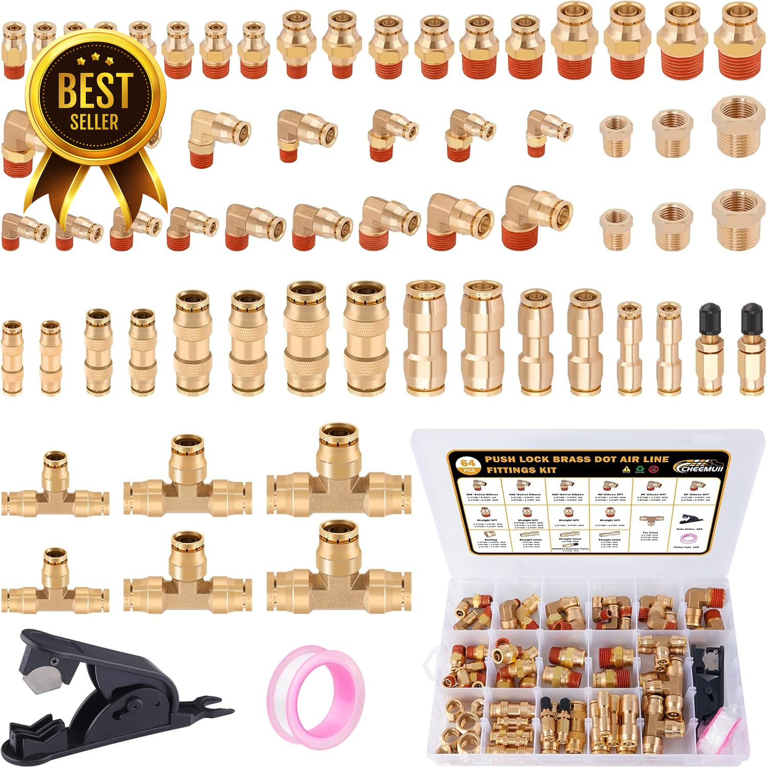 64-Piece Brass DOT Air Line Fittings Kit Push Lock Quick Connect NPT Pneumatic H