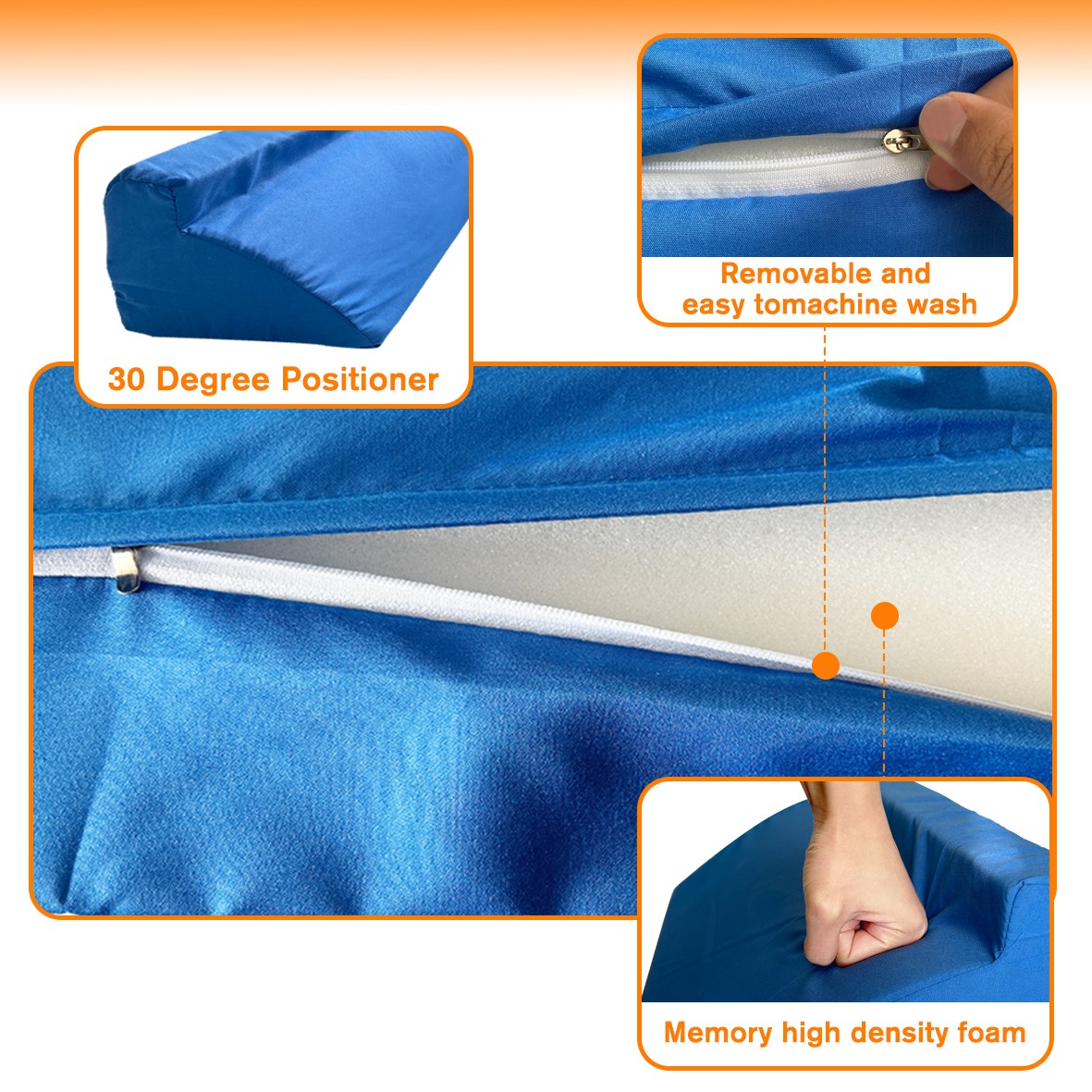 30° Incline Wedge Pillow Foam Bed For Side Sleeper Medical Elevated Bolster Blue