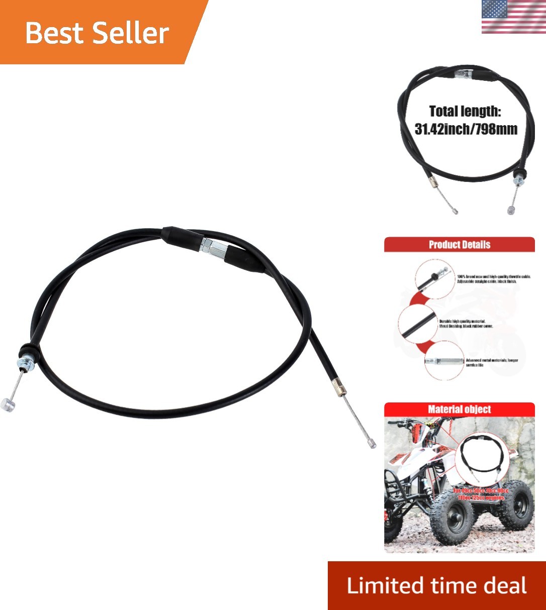 Durable 31-Inch Throttle Cable for Most Chinese 49cc-125cc Kids ATVs - Reliable