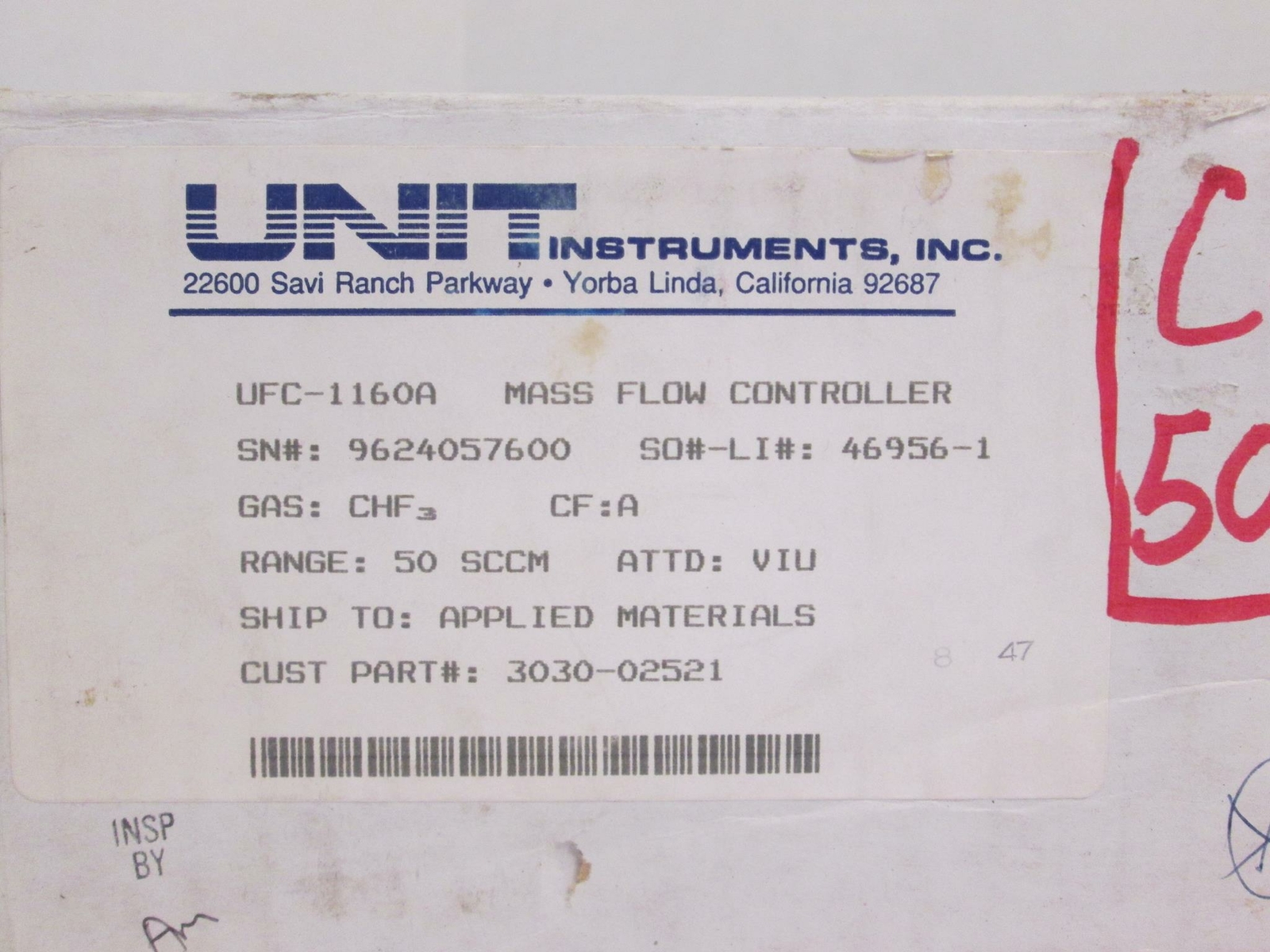 Unit UFC-1160A Mass Flow Controller, CHF3, 50 SCCM, Refurbished