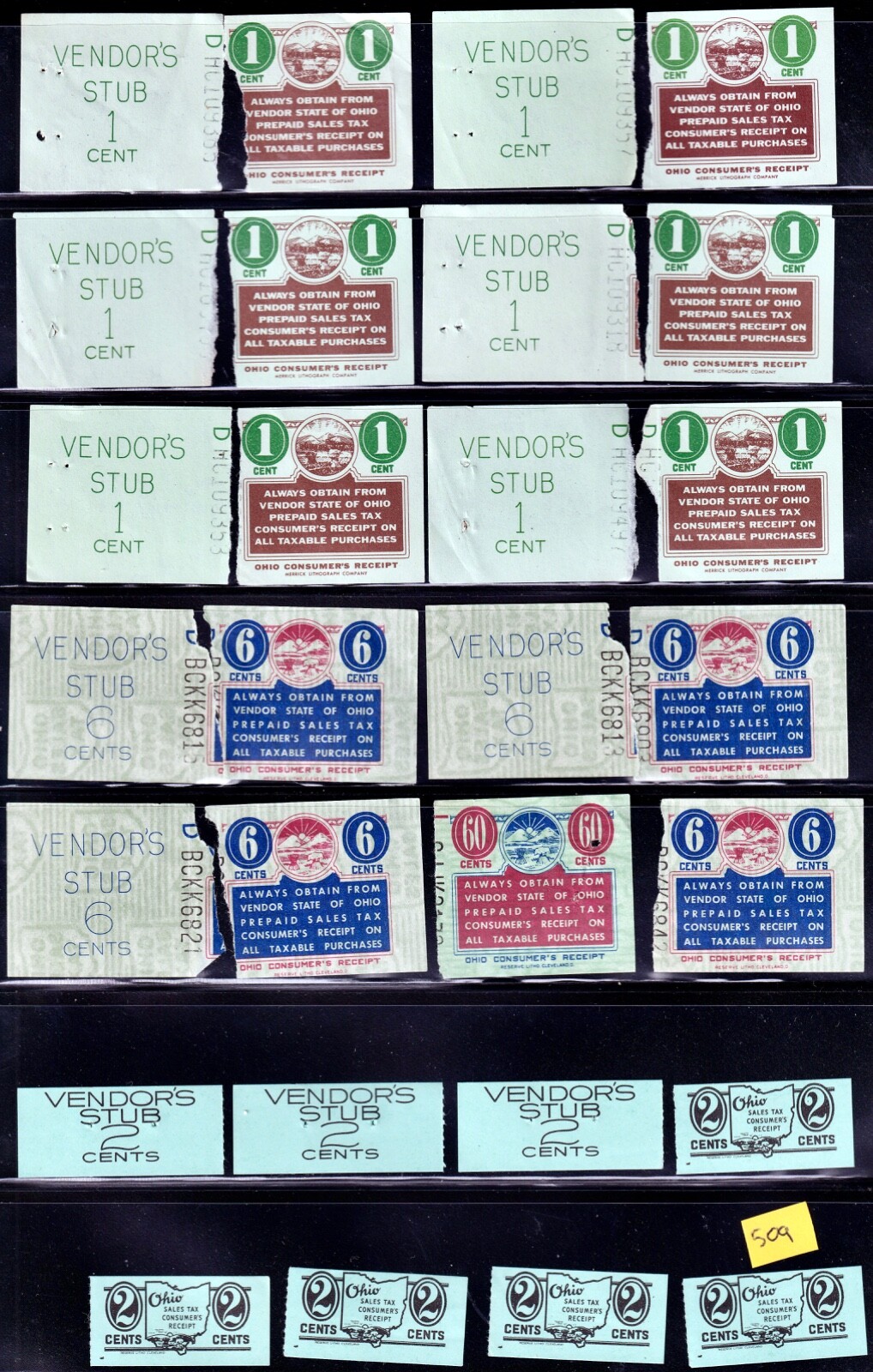 Lot of 20 Ohio Vender's Stubs, used- 1 cent, 2 cents, 6 cents, 60 cents-Lot 509