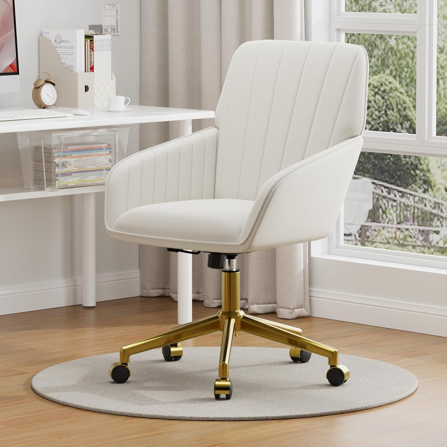 Velvet Home Office Chair with Gold Base Upholstered Tufted Modern Height Adjusta