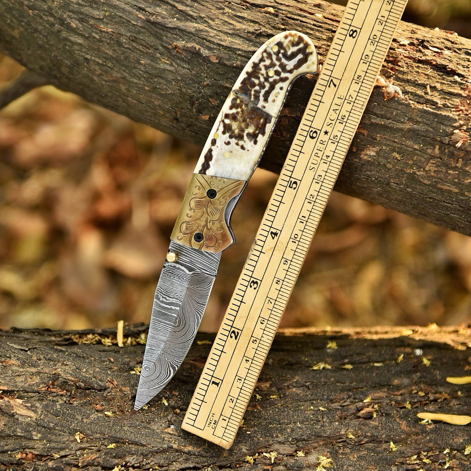 Damascus Folding Blade Pocket knife Most Unique Handle “ T “ Shell - Original