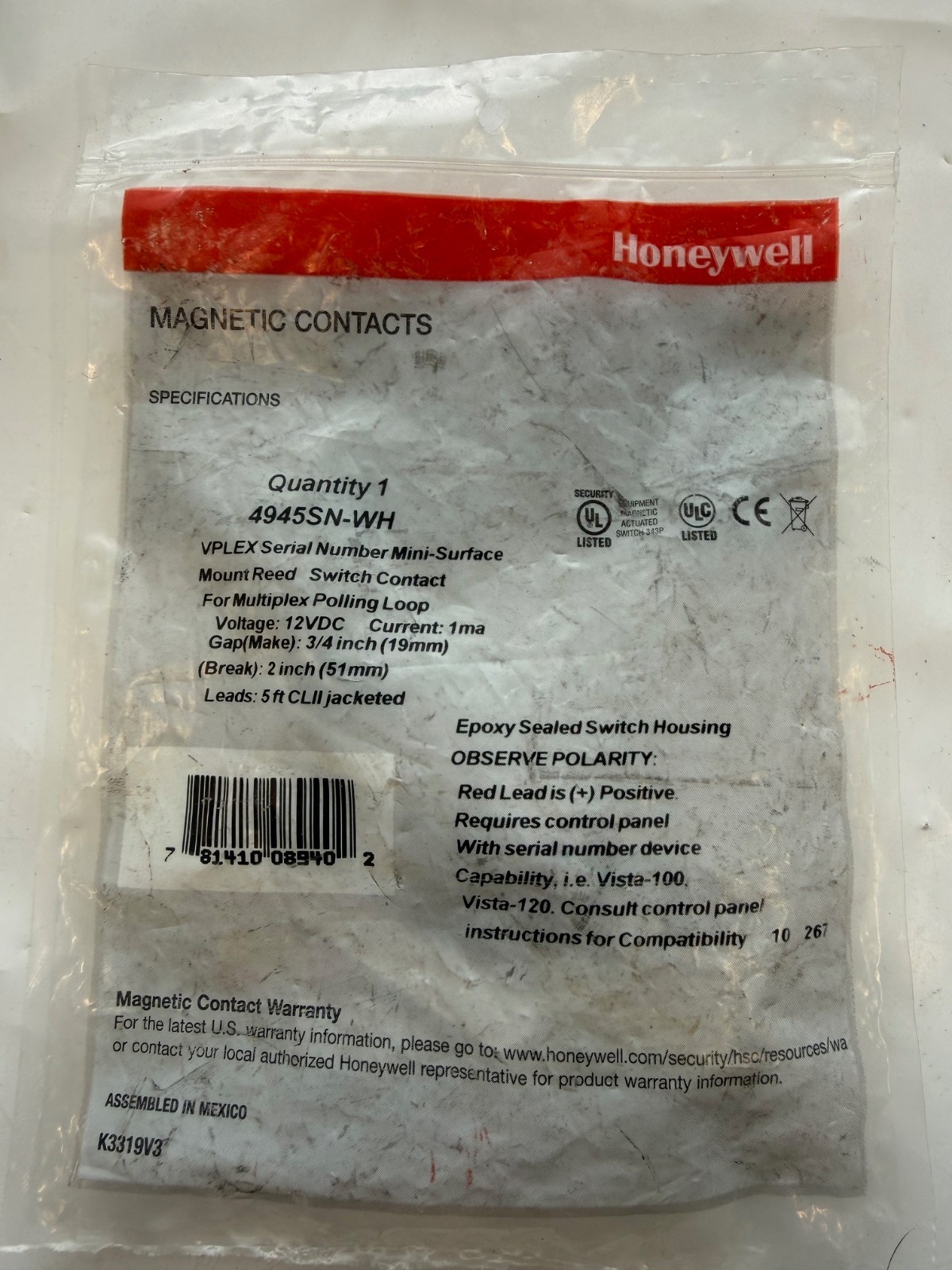 HONEYWELL MAGNETIC CONTACTS 4945SN-WH V Plex