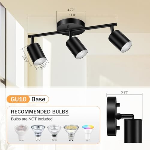 LED Track Lighting Kit, Black 3 Way Ceiling Spot Lighting, Flexibly 3 Light