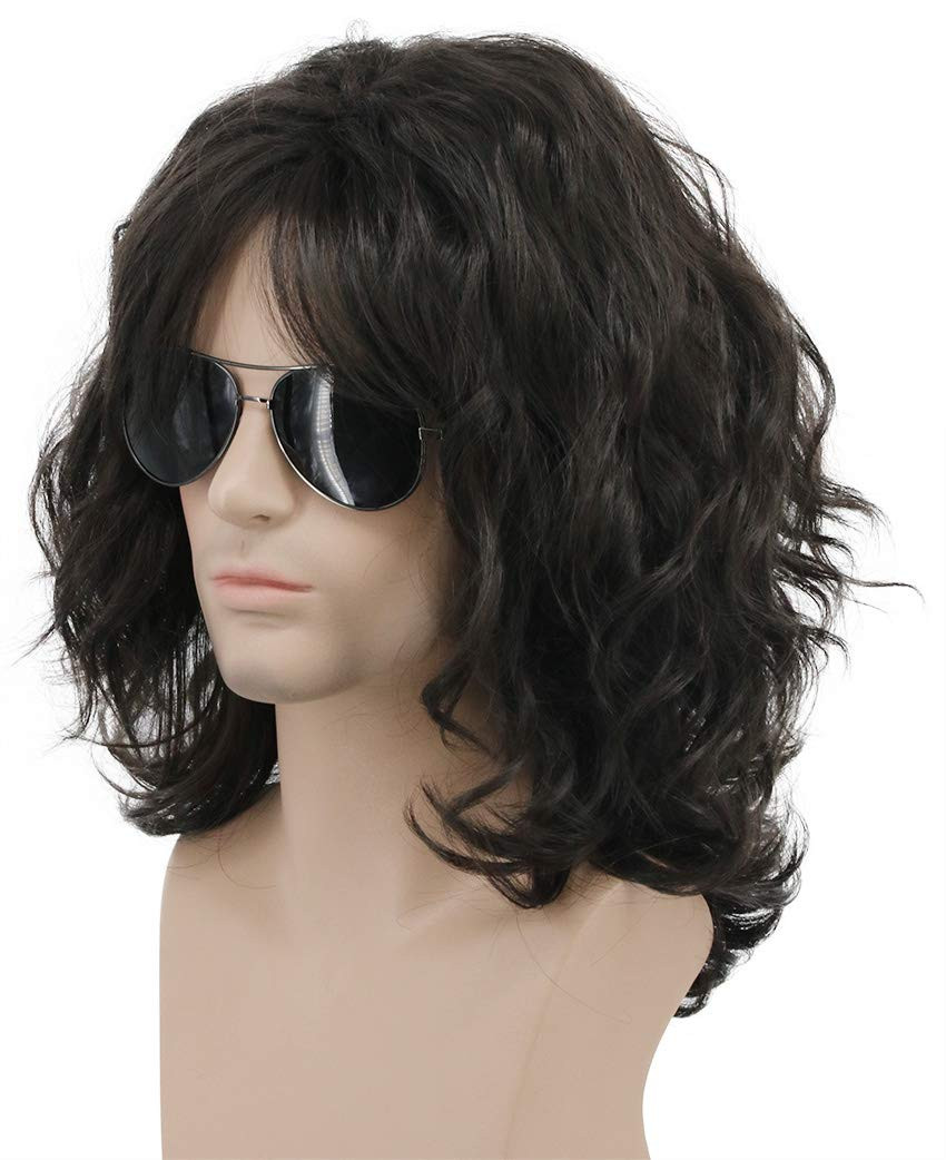 California 70S 80S Rocker Wig Men Women Long Curly Dark Brown Halloween Costume