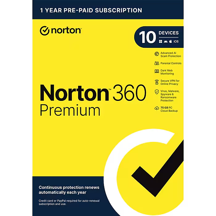 Norton 360 Premium 10 Devices 2026 VPN Antivirus Cloud Software 12 Months Retail