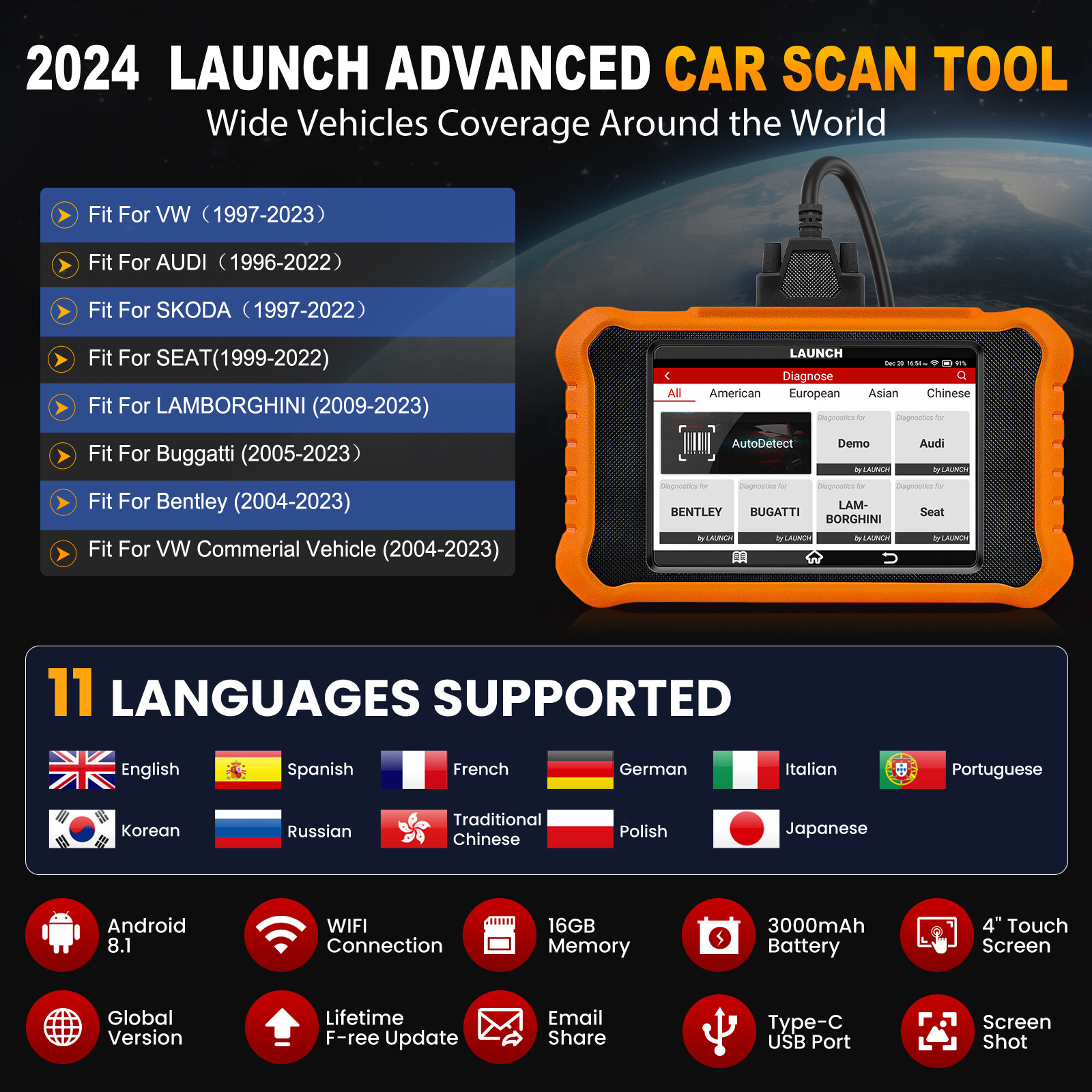 2024 LAUNCH Creader Elite 2.0 for VW Audi OBD2 Car Diagnostic Tool Scanner IMMO