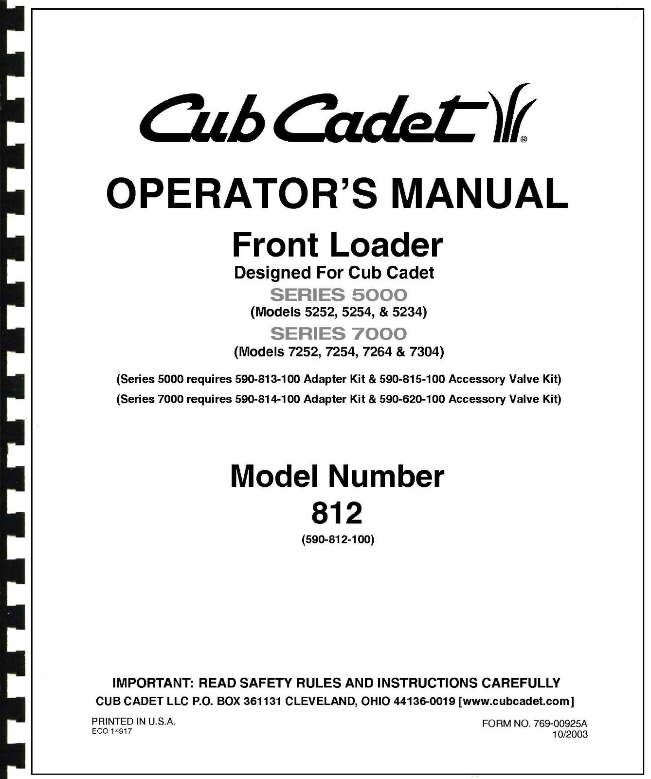 Cub Cadet Front Loader Operators Manual Model No. 812