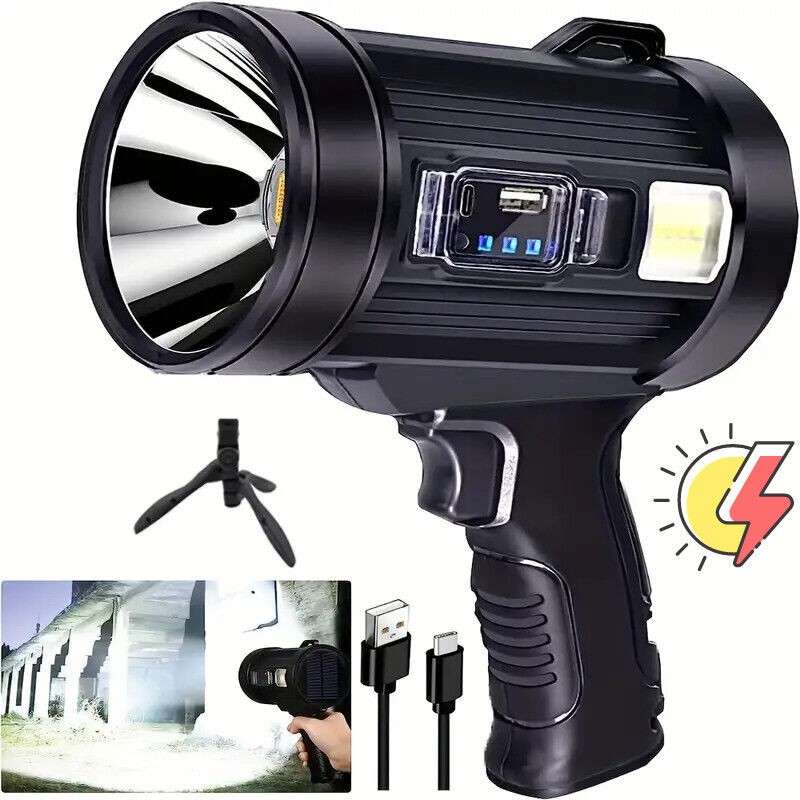 LED Flashlight 200000Lm Super Bright Searchlight Rechargeable Spotlight Handheld