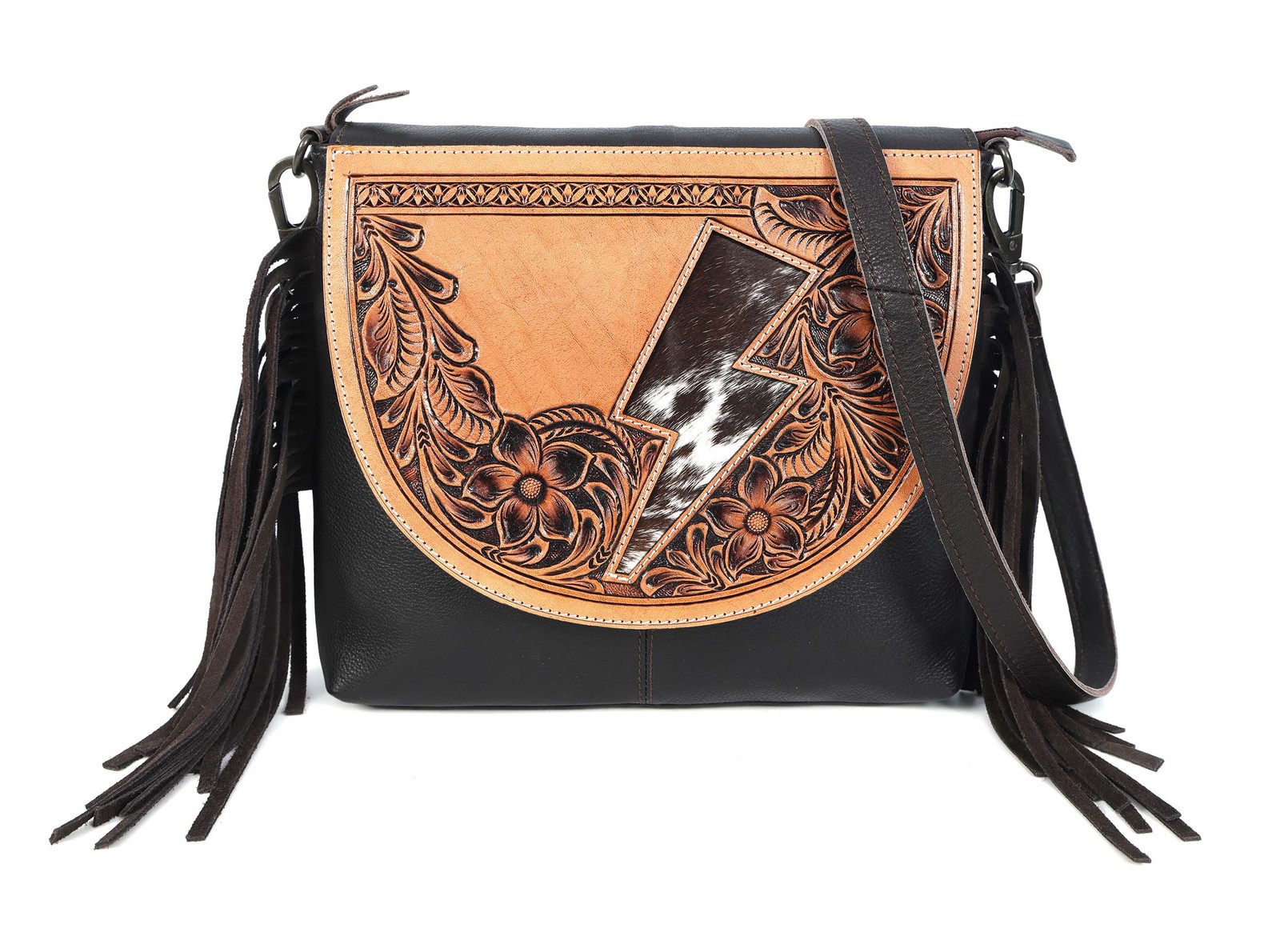 Western Lightning Bolt Cowhide Floral Tooled Leather Purse Shoulder Crossbody