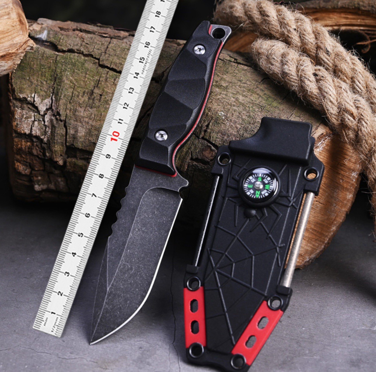 Small Fixed Blade Tactical Hunting Knife with Sheath,Fire Starter,Compass,Mirror