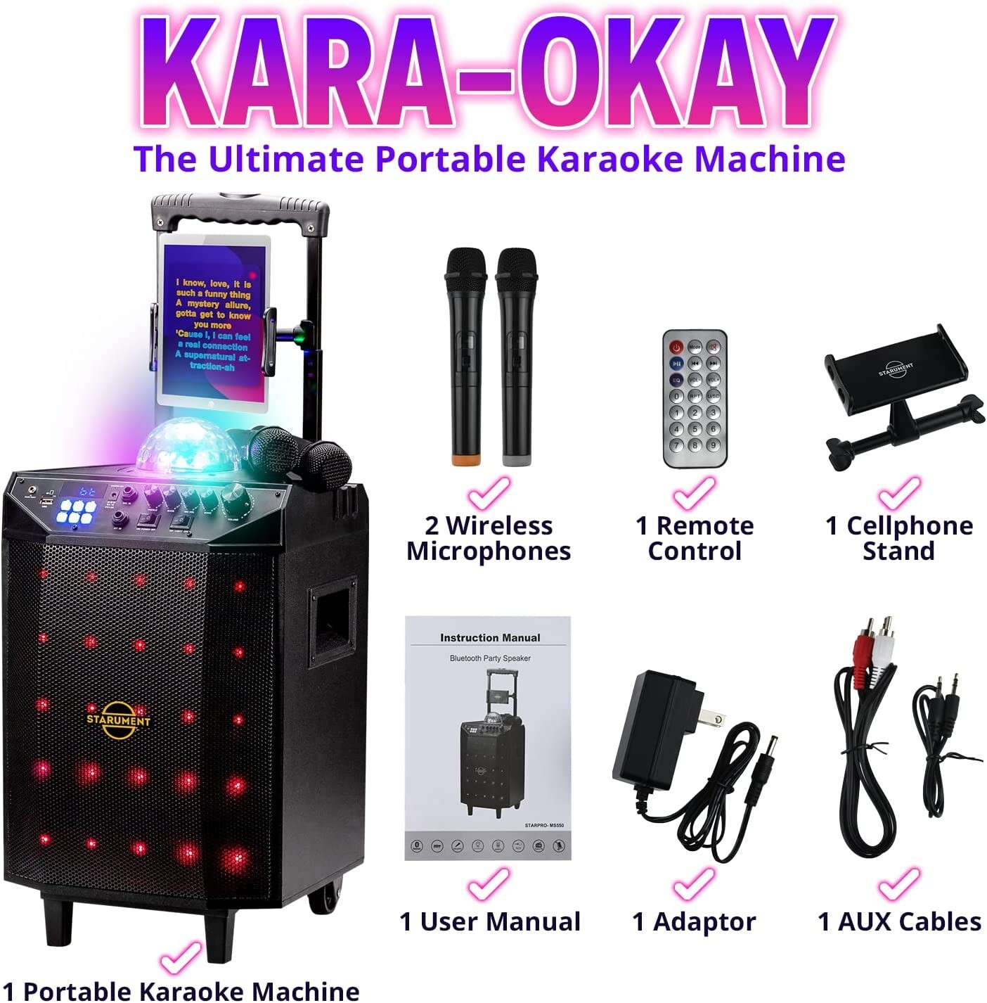 Portable Karaoke Machine -Wireless Bluetooth Speaker System with USB