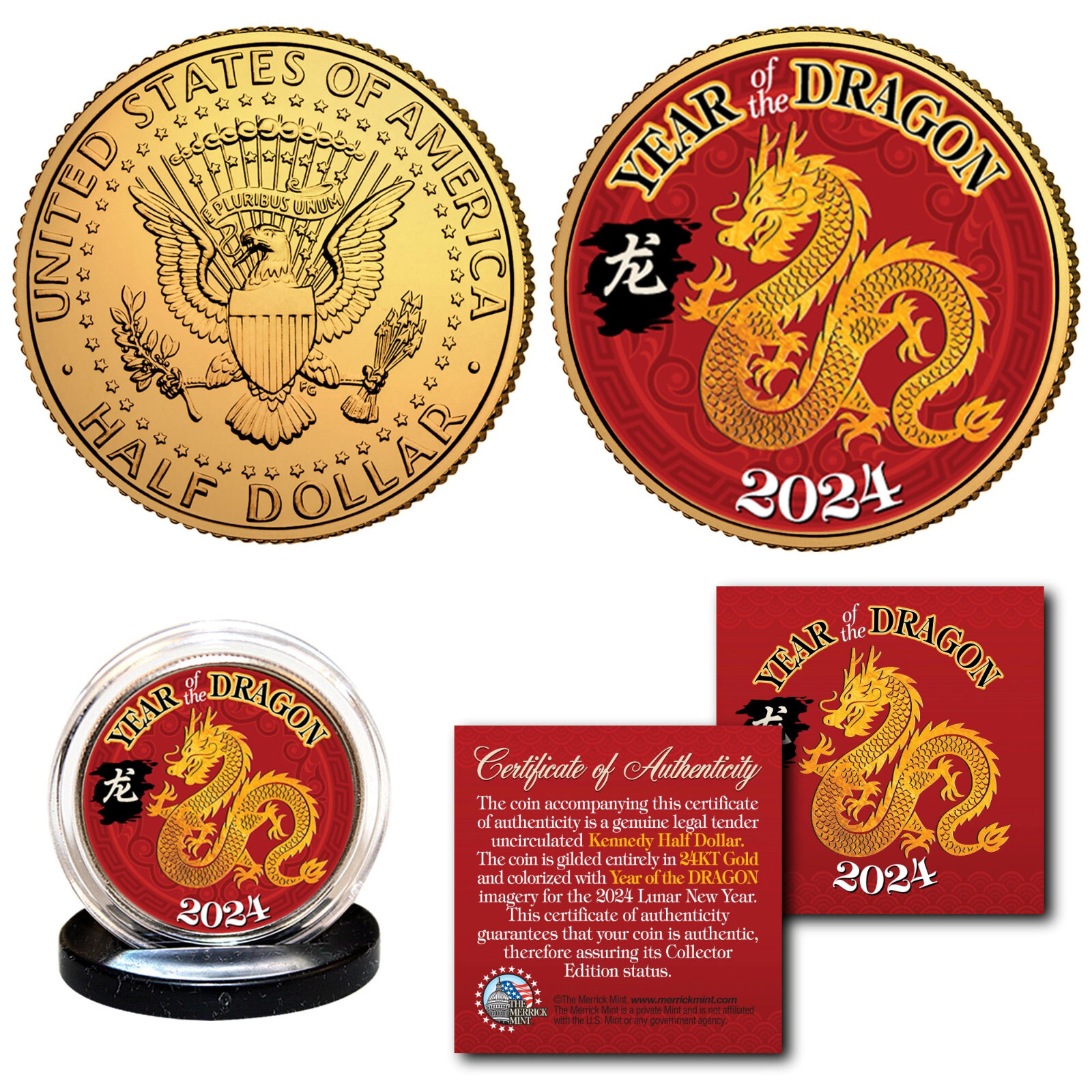 2024 Chinese New YEAR OF THE DRAGON 24K Gold Plated JFK Kennedy Half Dollar Coin