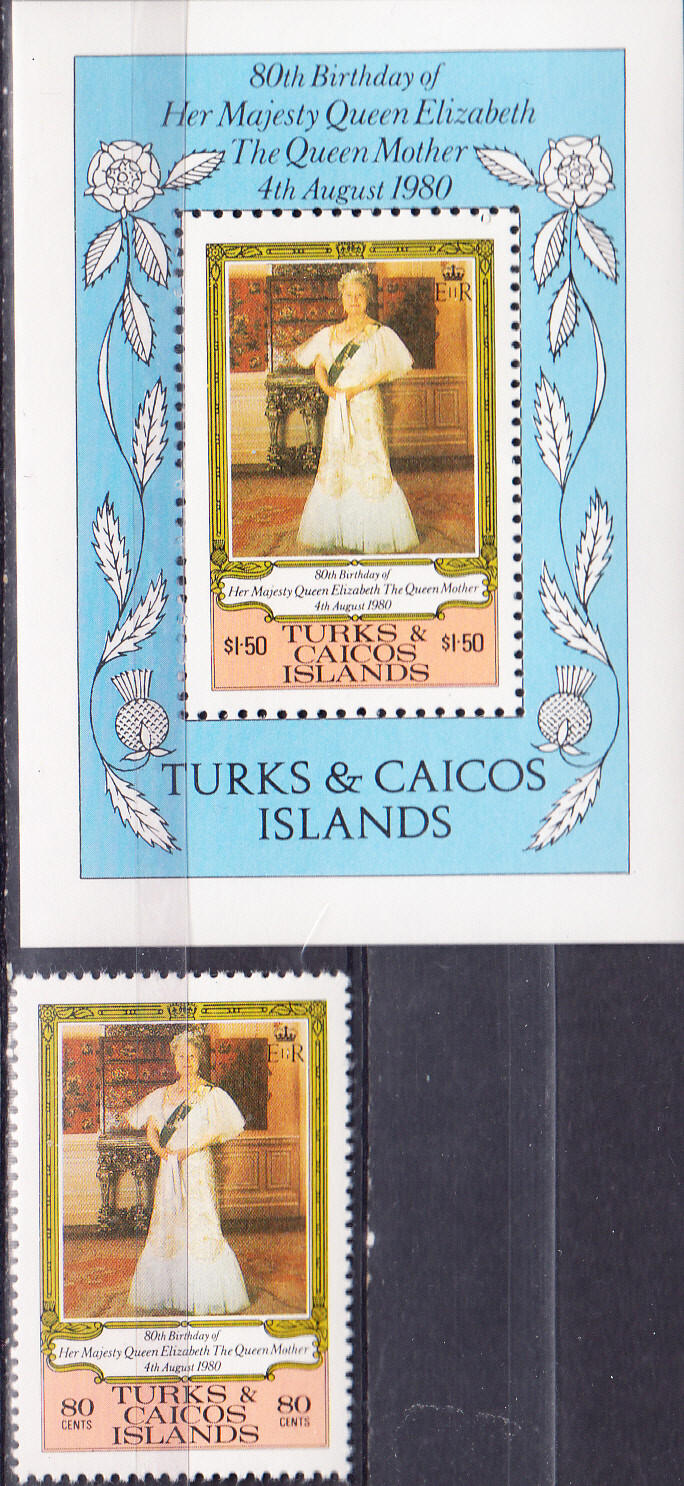 W TURKS & CAICOS 0440-441 QUEEN MOTHER 80TH BIRTHDAY STAMP SOUVENIR SHEET