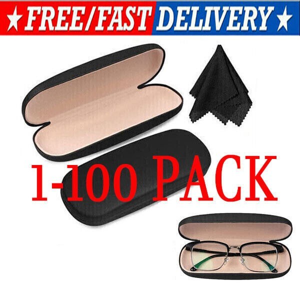 NEW Clam Shell Hard Eyeglasses PU Glasses Case Black w/Microfiber Cleaning Cloth