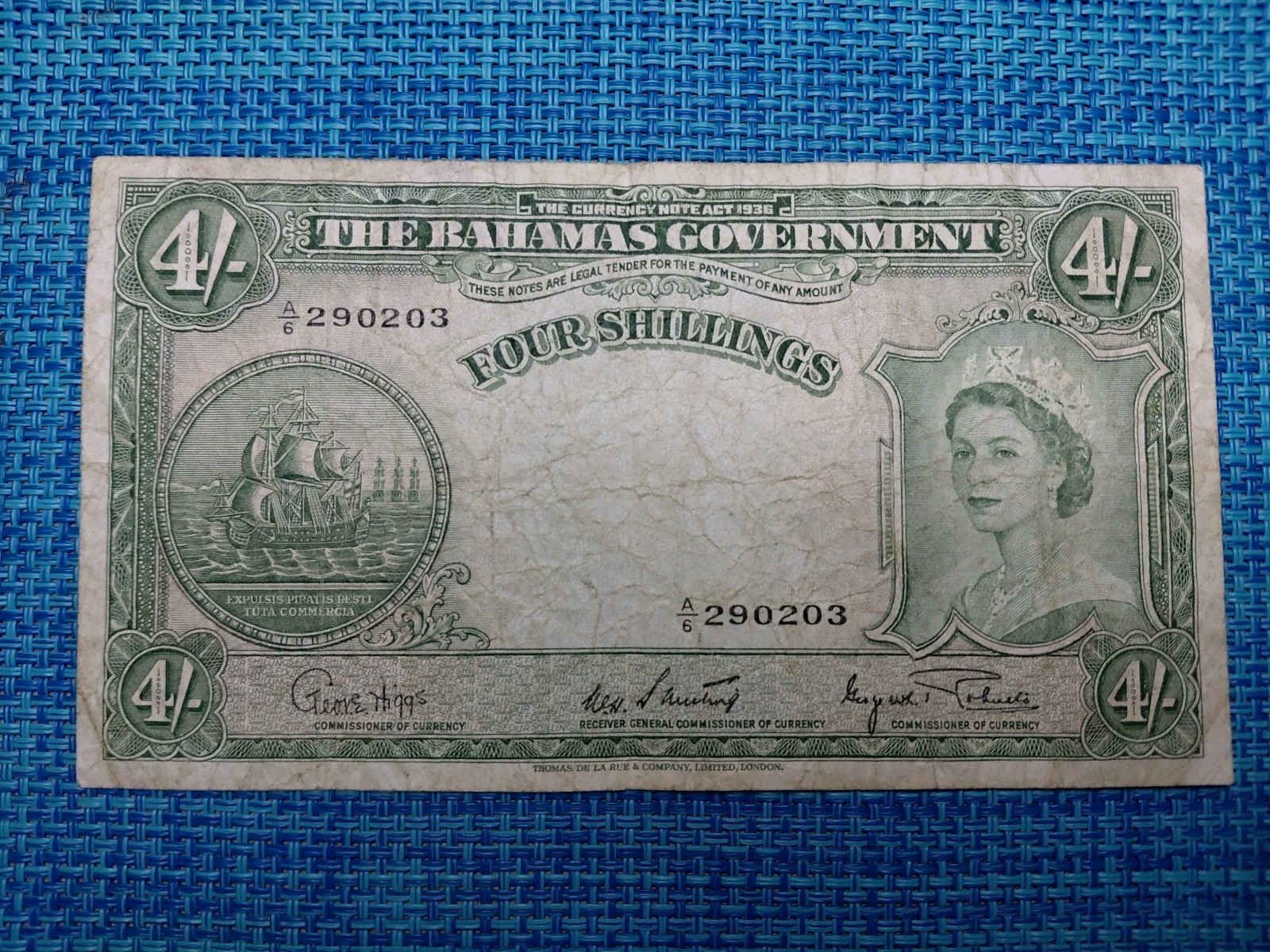 🇧🇸 Bahamas 4 shillings  1953  P-13  P-13d  A/6 Banknote  111525-8