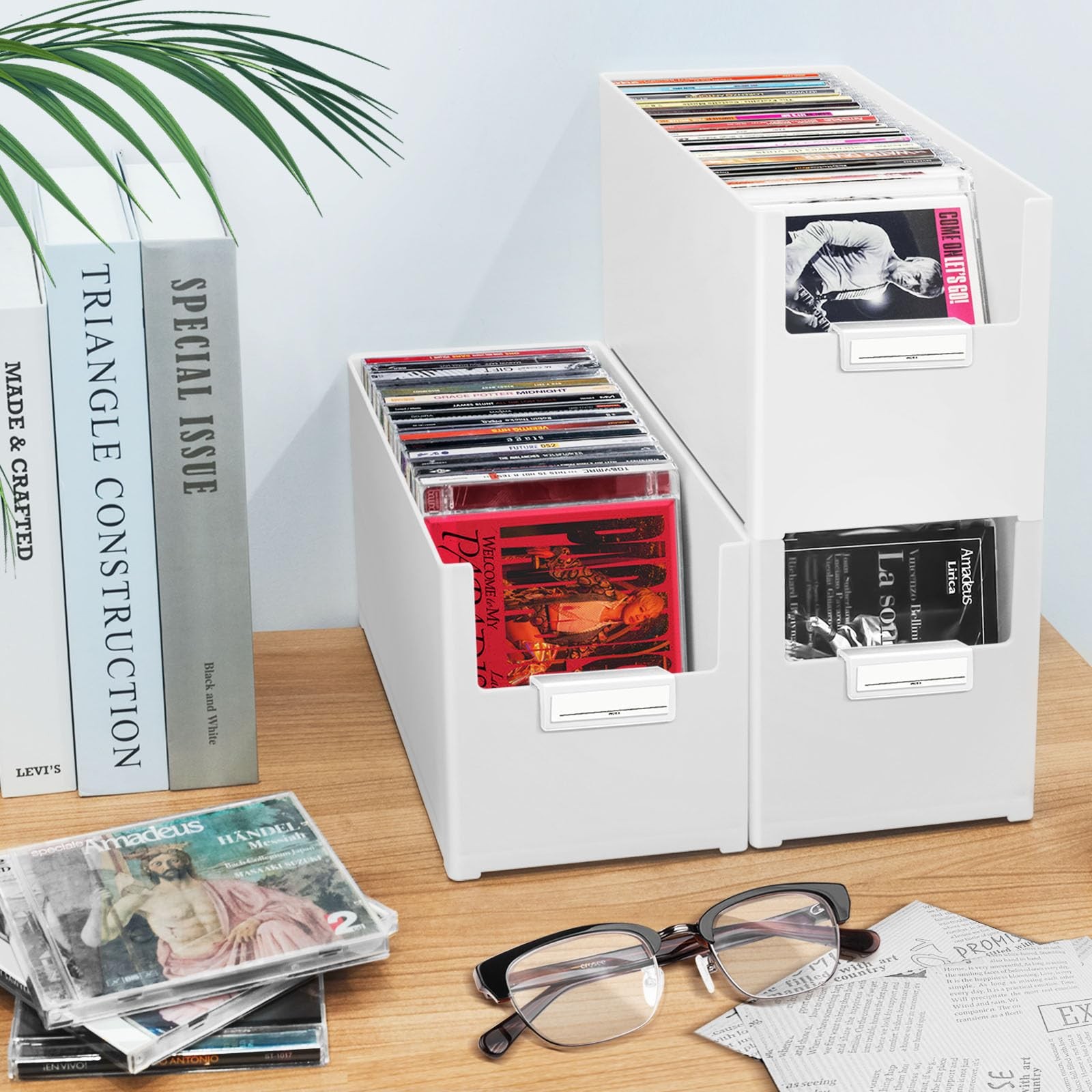 CD Storage Box, Stackable Plastic CD Organizer, Hold Up to 25 CDs, CD Storage...