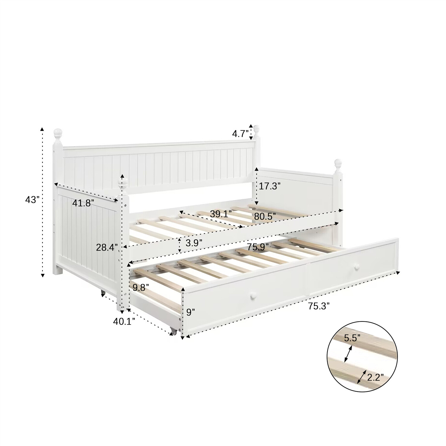 Twin Size Daybed Wooden Bed Frame Sofa Bed with Pull Out Trundle Bed White
