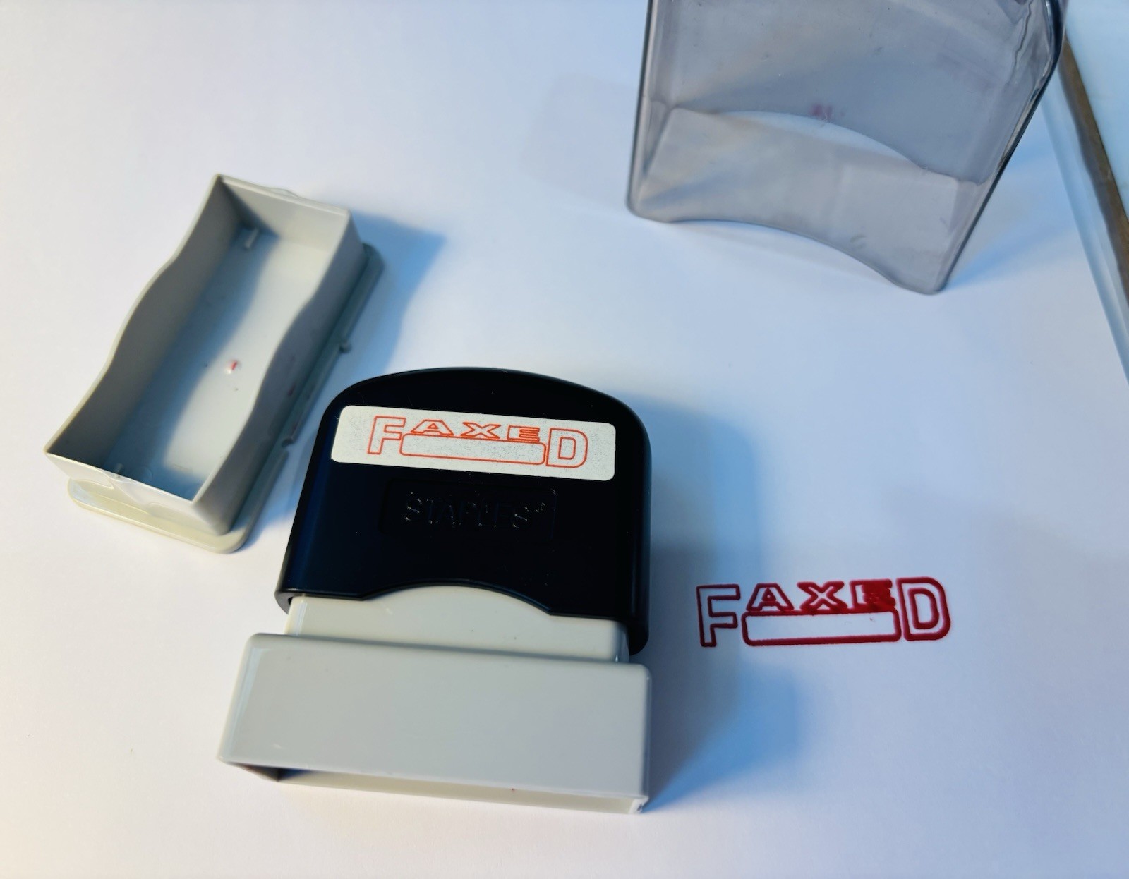 Staples Faxed stamp Staples Brand; self inking.