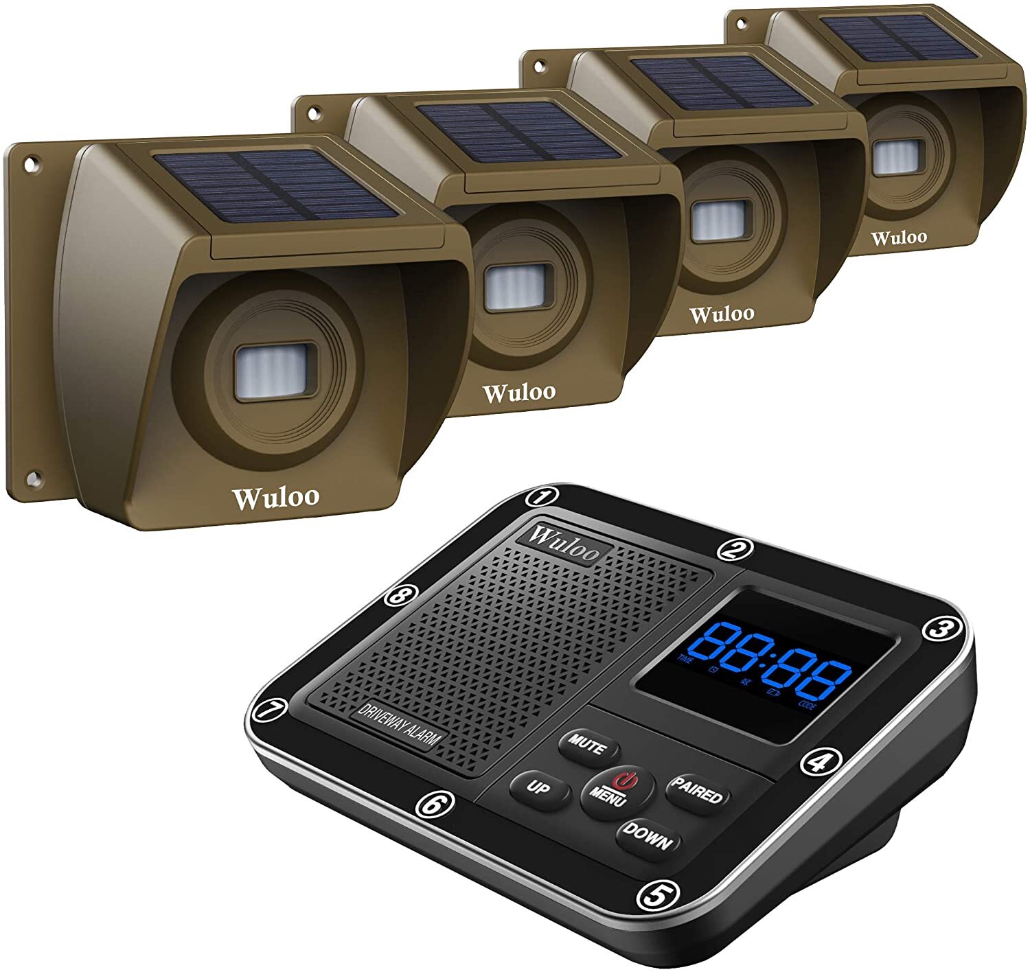 Wuloo 1800ft Solar Powered Driveway Alarms Wireless Outdoor Motion 4 Sensors Kit