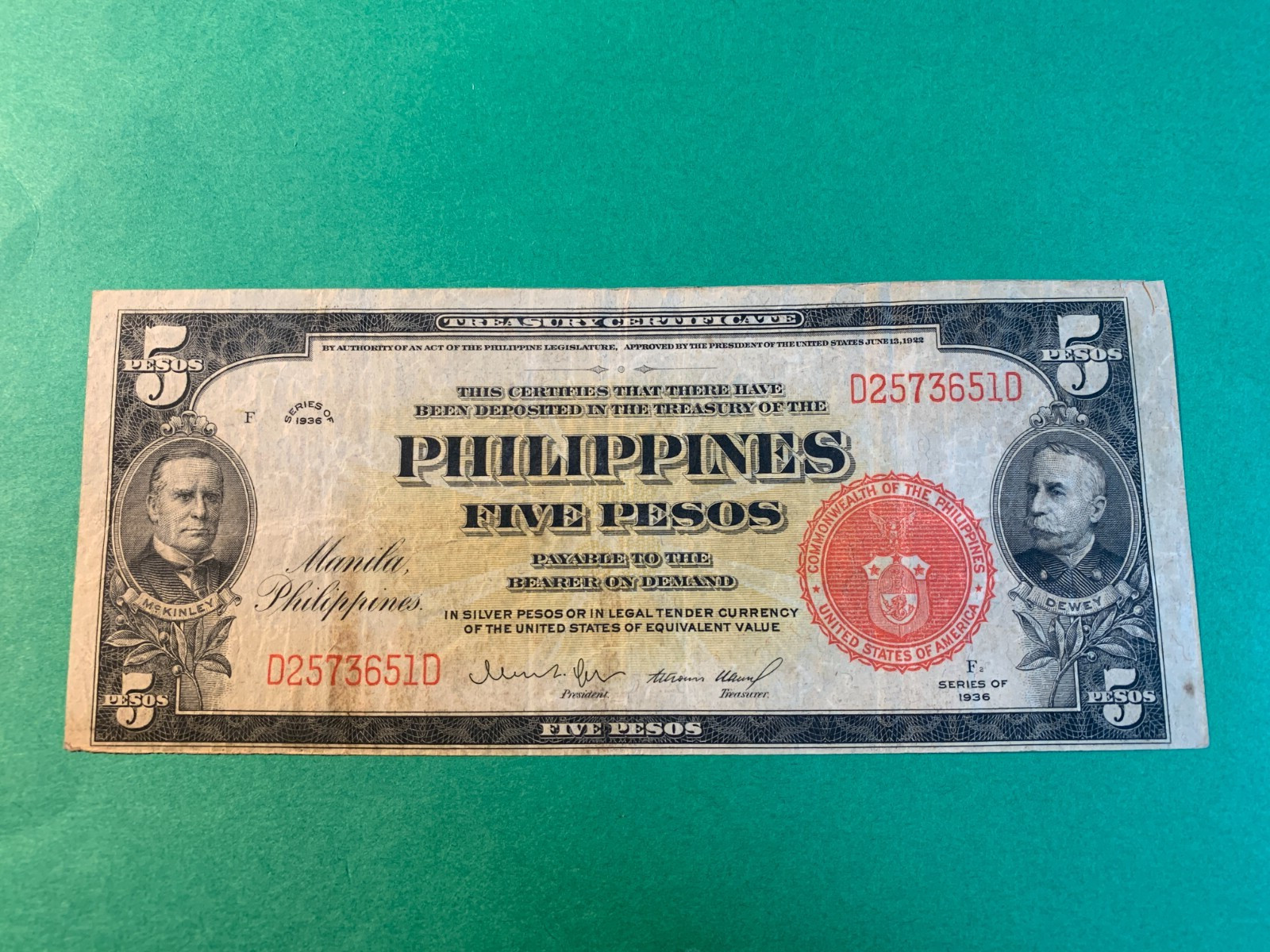 PHILIPPINES 1936 5 PESO TREASURY CERTIFICATE D2573651D P-83a VF+