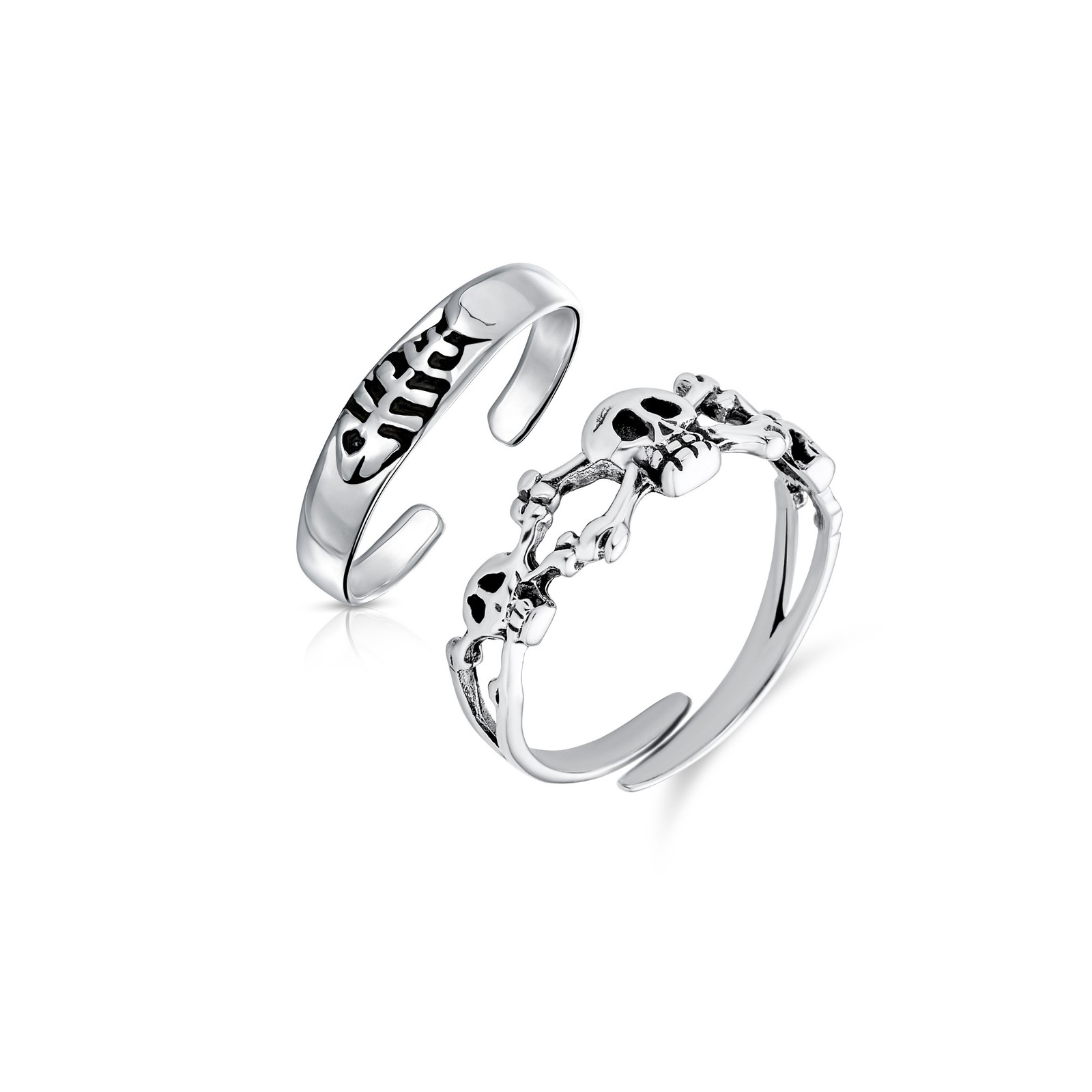 Set of 2 Nautical Fish Bone and Punk Rocker Skull Midi Toe Ring Sterling Silver