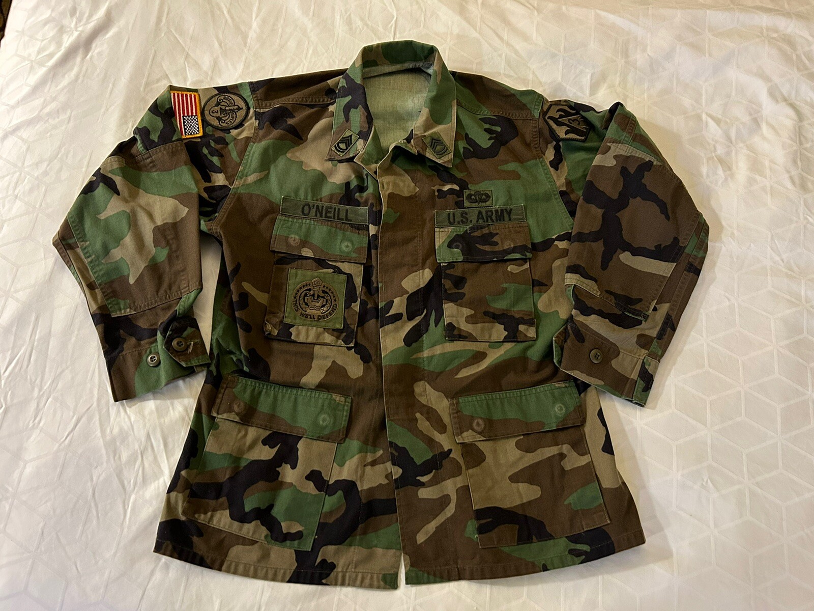 US  Army Drill Sargent Jacket Medium Short Camo BDU Woodland Military Top ￼