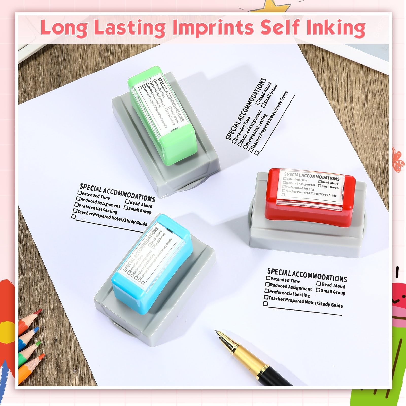 Teacher Stamp Set 3 PCS Self Inking Special Accommodations SPED Rubber Red Blue