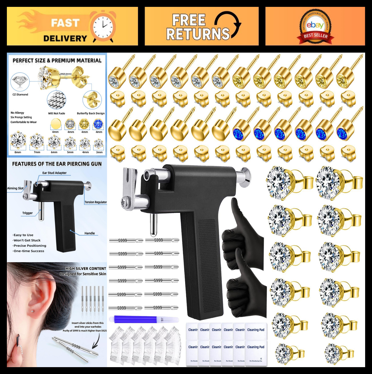 Self Ear Piercing Gun Kit - 18 Pairs CZ Studs, Multi-Purpose Tools for Home & Sa