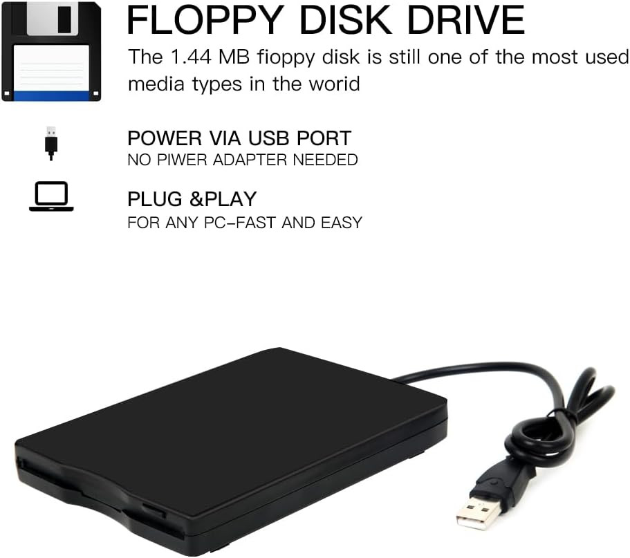 USB 3.5-Inch Floppy Disk Reader - External 1.44 MB Portable FDD for PC, Plug and